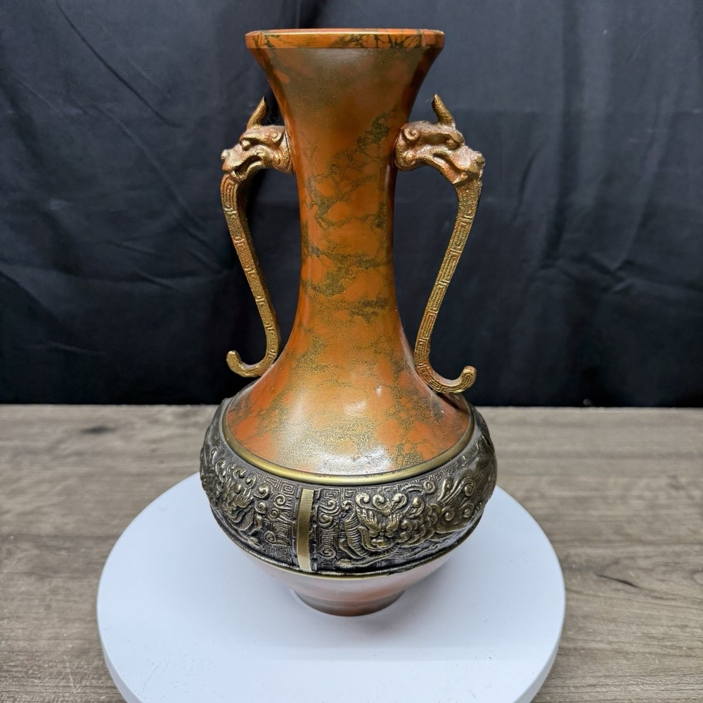 Vintage Japan Dragon Handle Silverplate Brass Embossed Relief Design Vase 9.5”